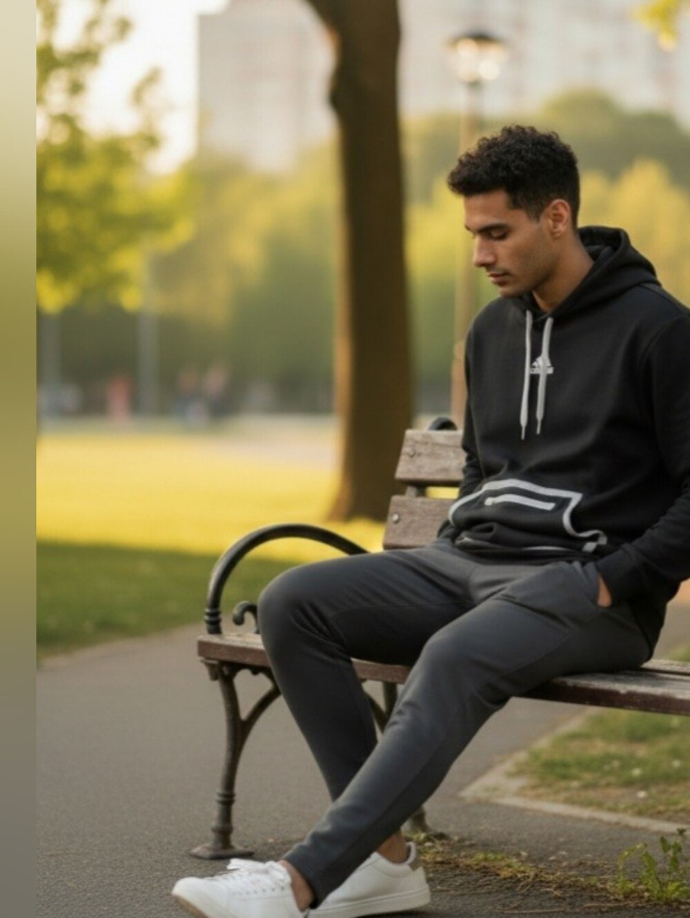 Adidas Men’s Black Hooded Pullover with Front Zip Pocket and Contrast Trim